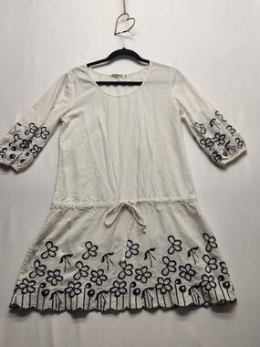 ⭐️Monoreno Boho Cottagecore Embroidered Linen Blend Drop Waist Tunic Dress Med